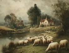 Load image into Gallery viewer, Grazing Sheep Primitive Folk Art Print